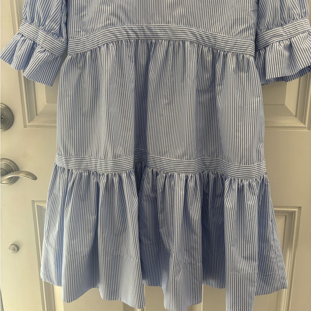 ✨Gretchen Scott Designs✨ Light Blue Striped Tiered Shirt Dress - Picture 13 of 15